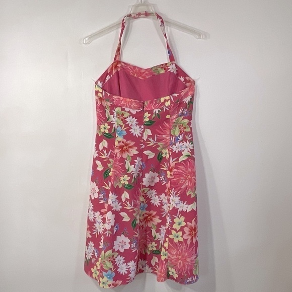 Laura Pink Floral Halter Dress Sweetheart Neckline Hawaiian Flowers Size M - Picture 3 of 9